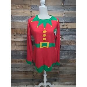 New Christmas Elf Knit Sweater Dress Sz Large Red Green Fitted NWT "Ugly"